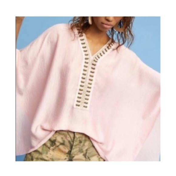 ANTHROPOLOGIE Floreat Bohemian Pink Peach Embroidered Poncho One Size - Picture 3 of 16